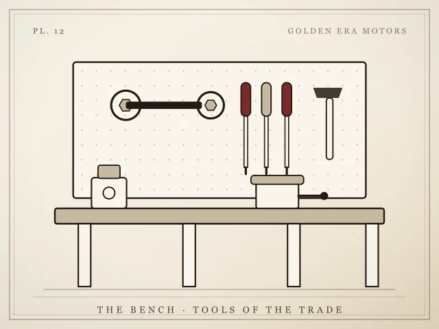 Illustration of a pegboard tool wall above a workbench with a vise and oil can